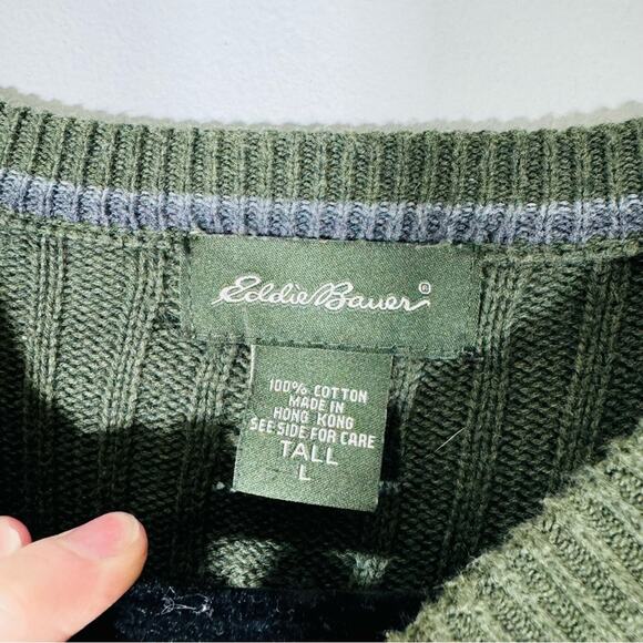 Eddie Bauer Green 100% cotton braid knit detail men’s large tall - Picture 6 of 8